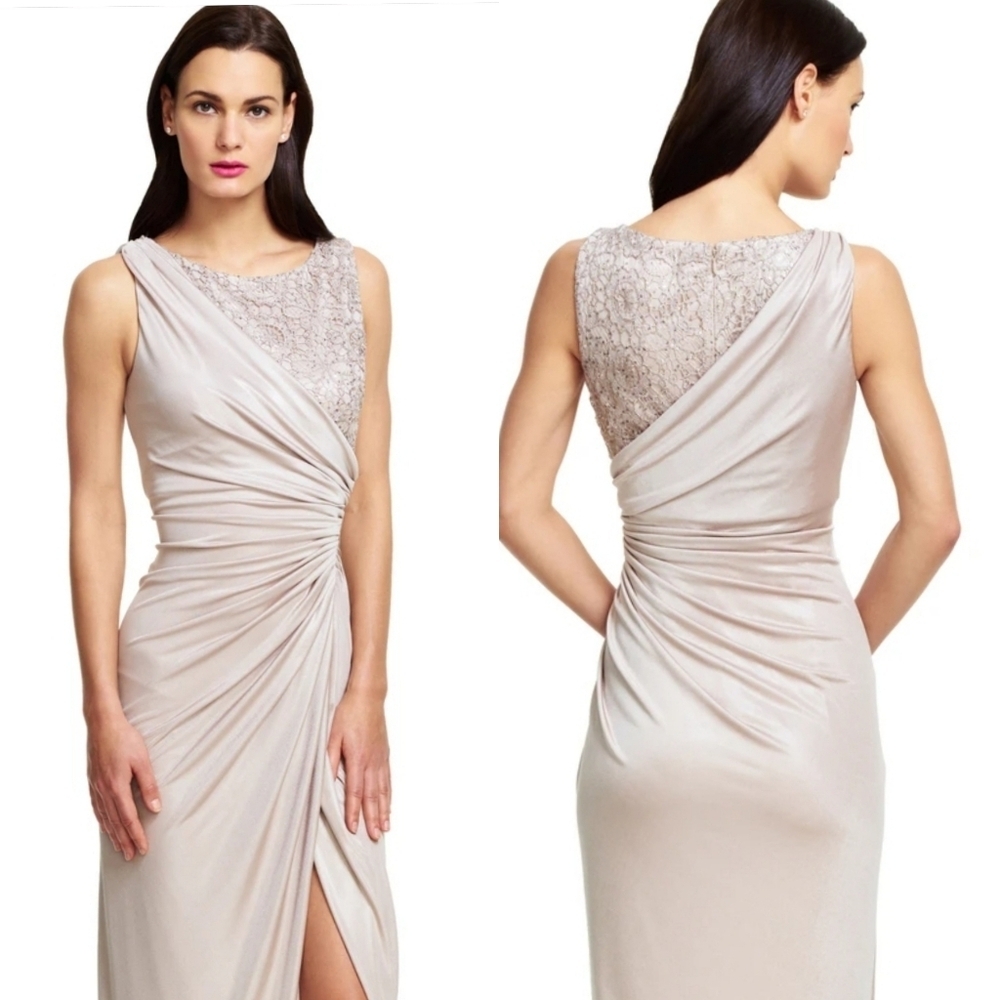 Adrianna Papell E Red Carpet Sheath Split-Front Sleeveless Bateau Jersey Dress